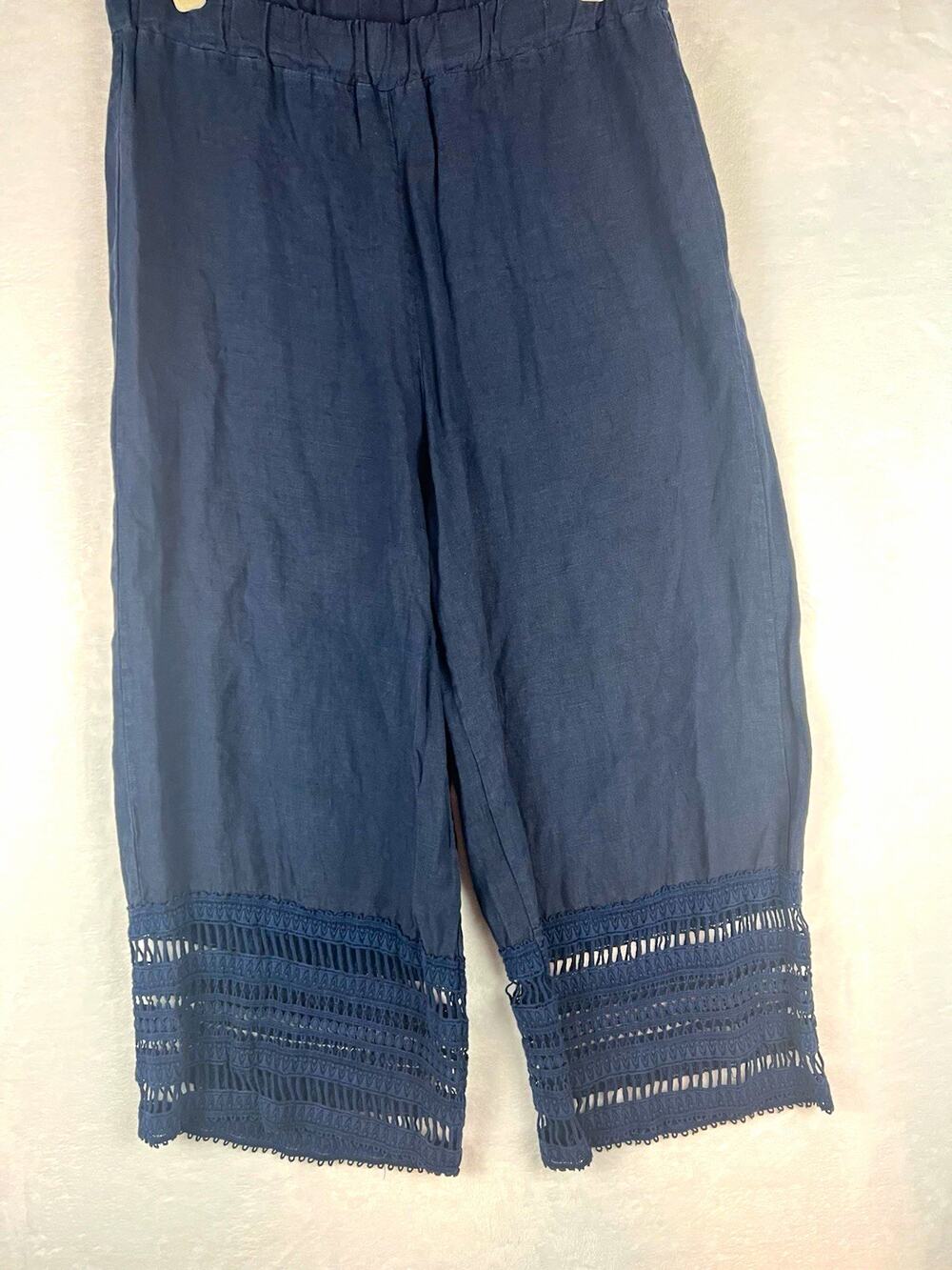 Luca Vanucci Women’s S Blue Linen Cropped Pants Straight Leg Elastic Waist Lace